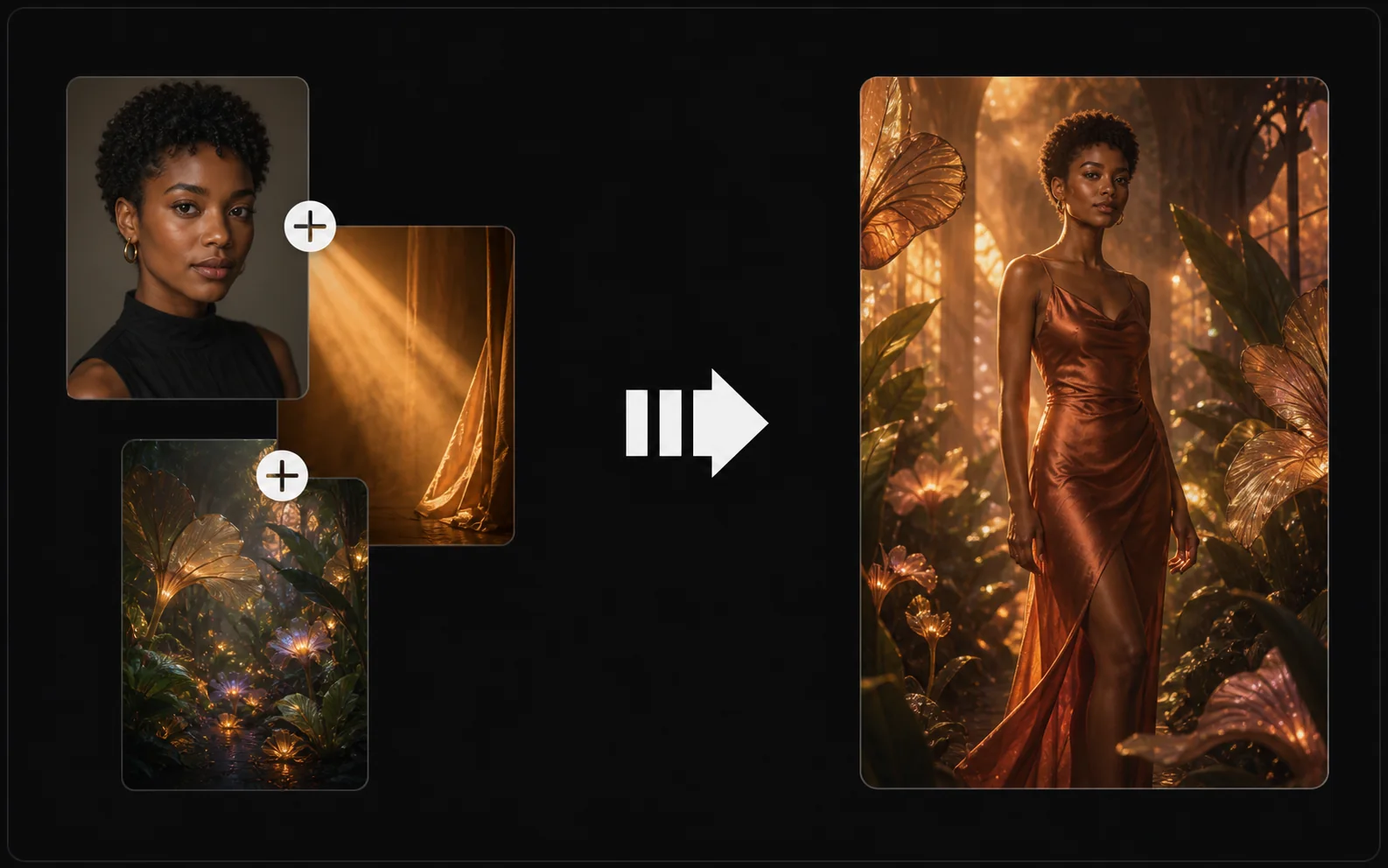 Portrait, amber lighting, and botanical references combined into a cinematic video result
