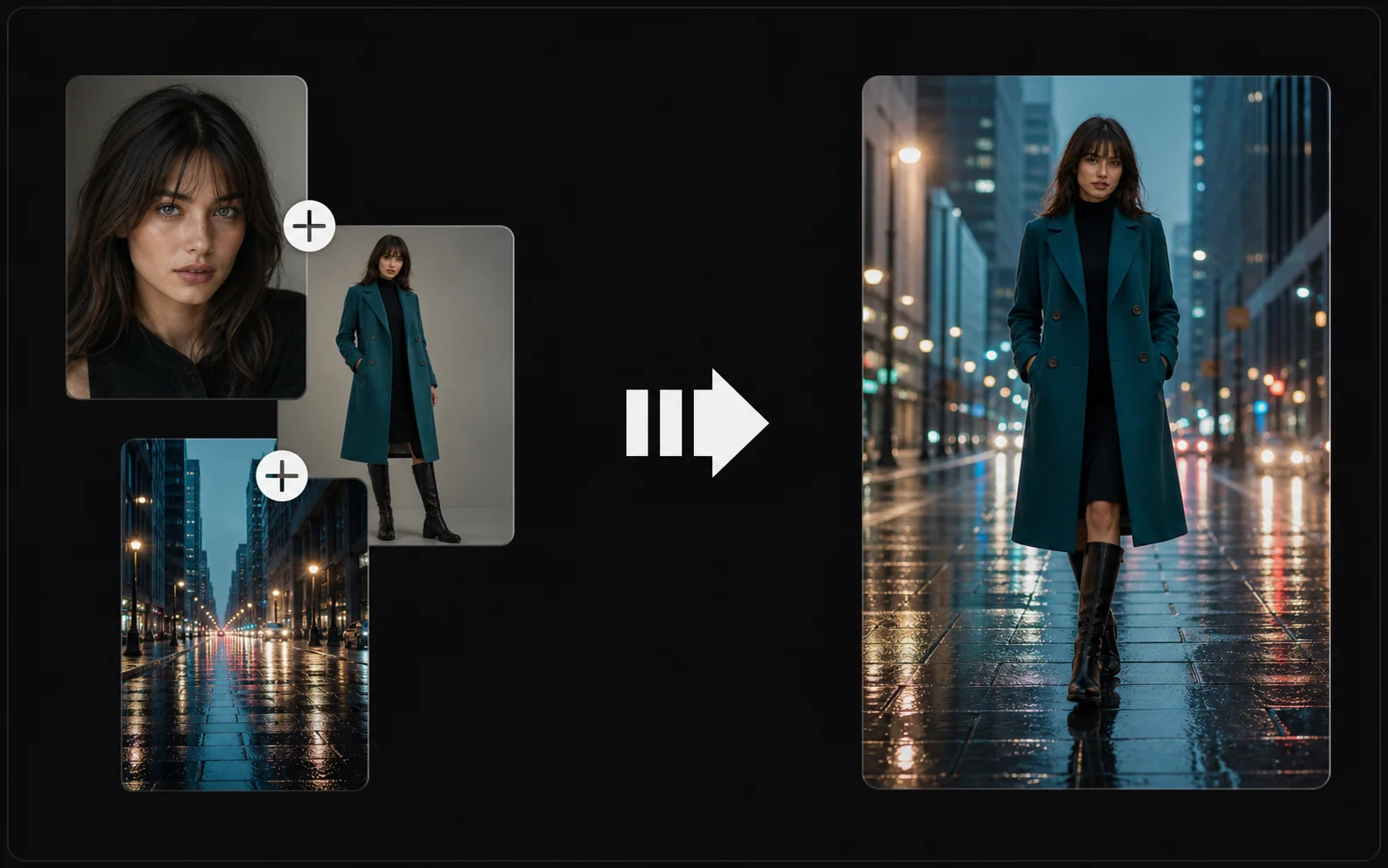 Portrait, wardrobe, and rainy city references combined into a consistent reference-to-video scene