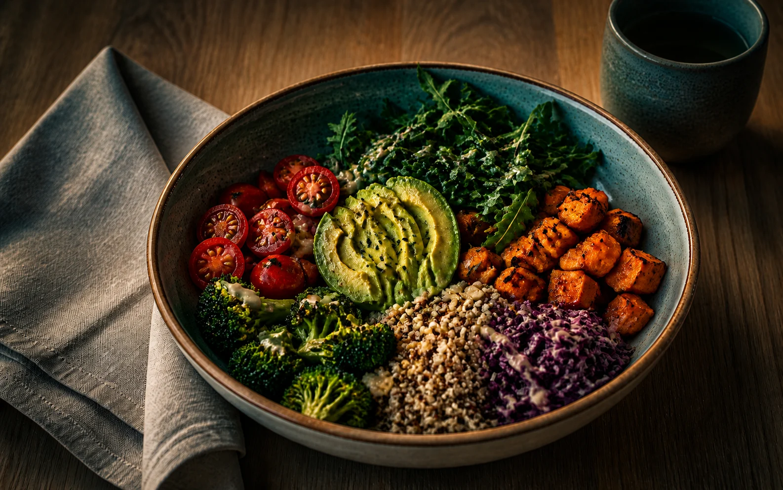 Before-and-after comparison of a dark teal-orange filter removed from a grain bowl photo.
