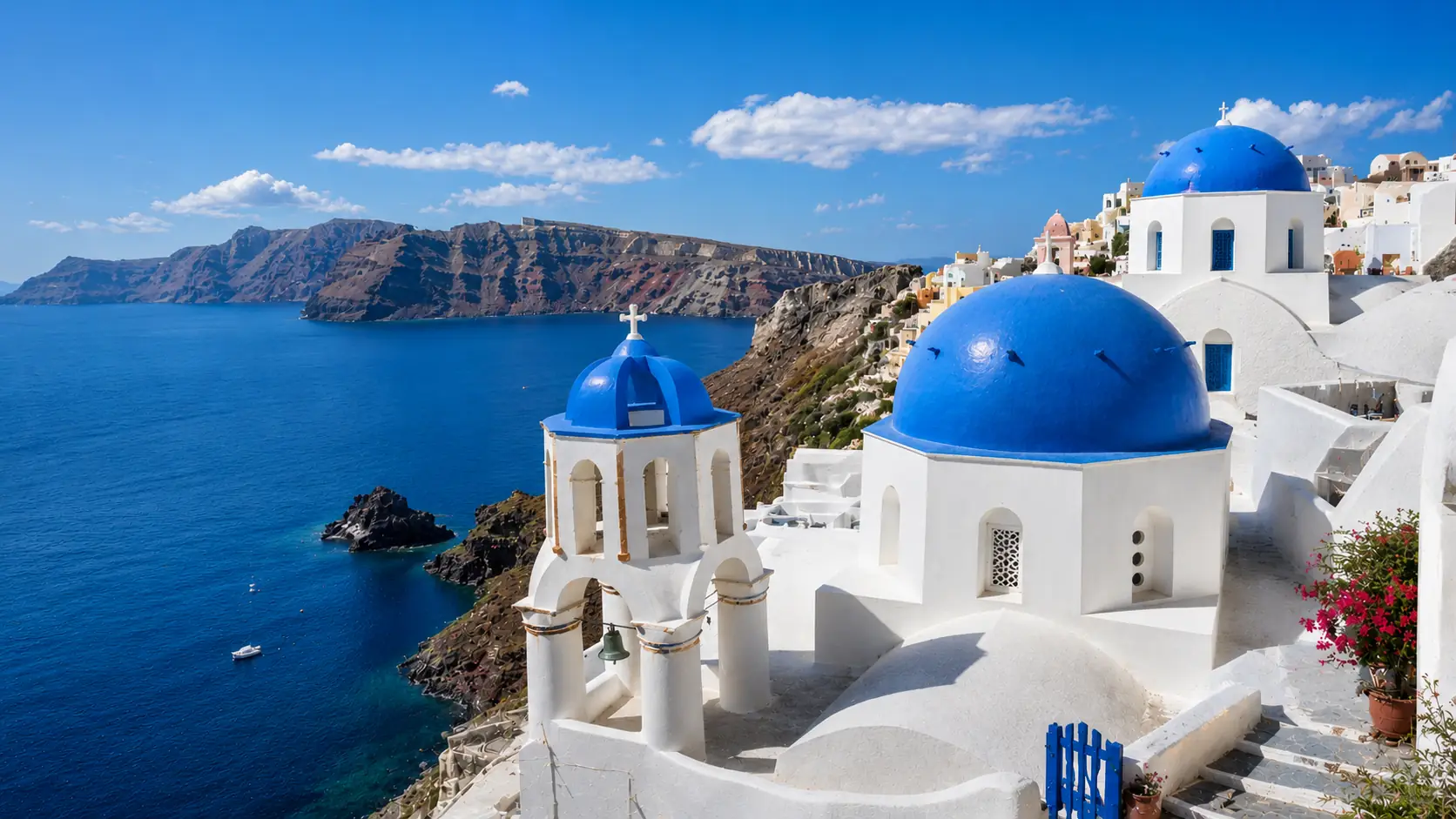 Before-and-after comparison of large travel blog text removed from a Santorini photo. overlay