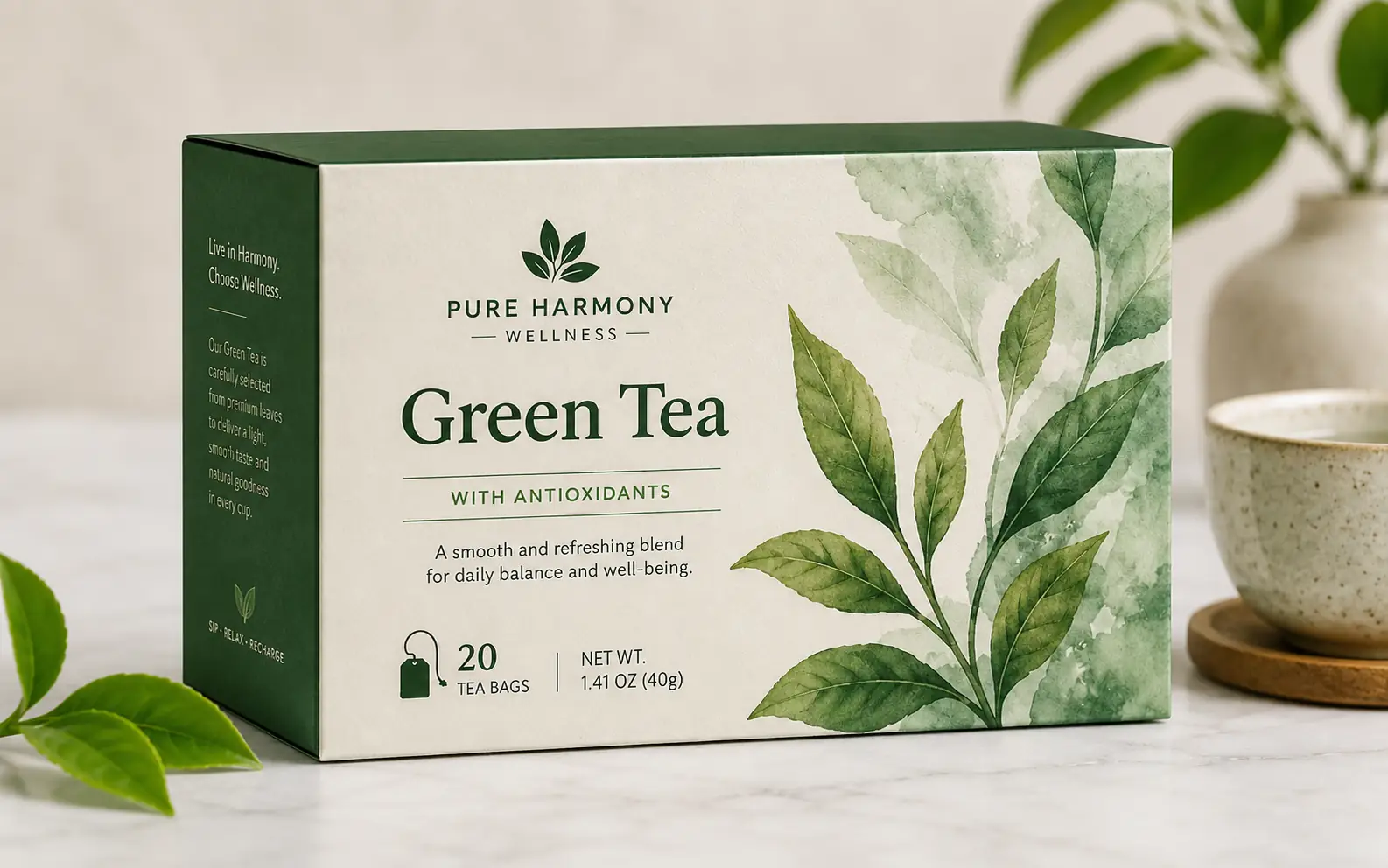 Before-and-after comparison of a product badge removed from a green tea package photo. overlay