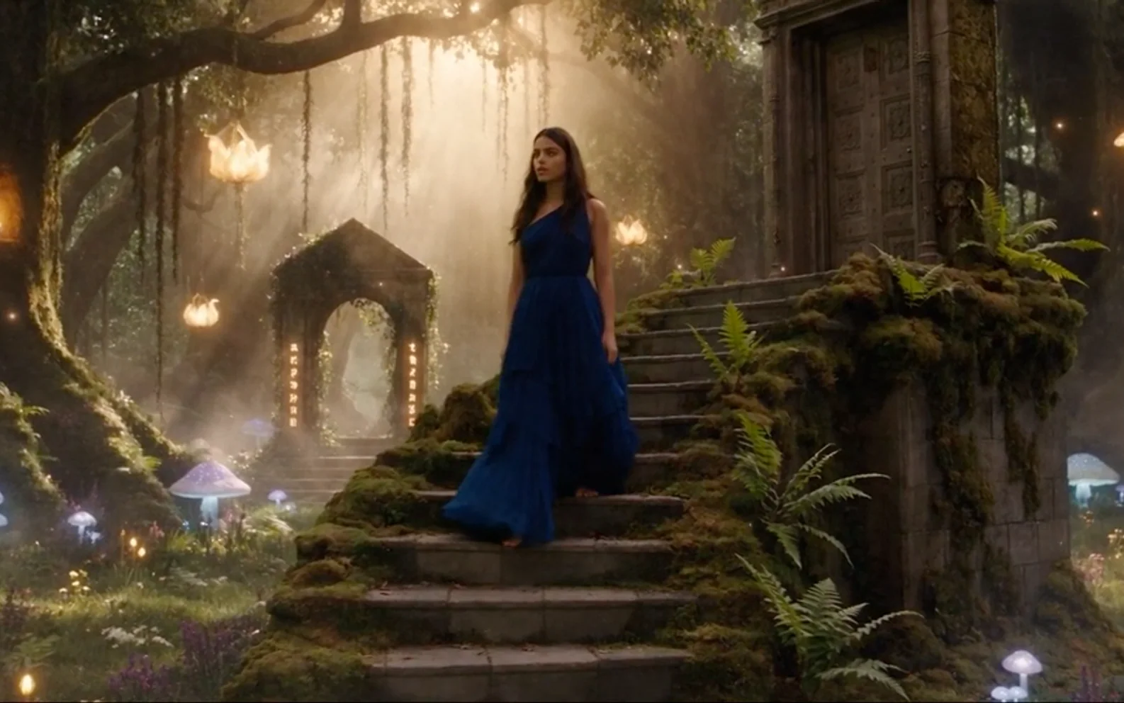 Live-action woman in a royal-blue gown descending moss-covered temple steps in a glowing enchanted forest.
