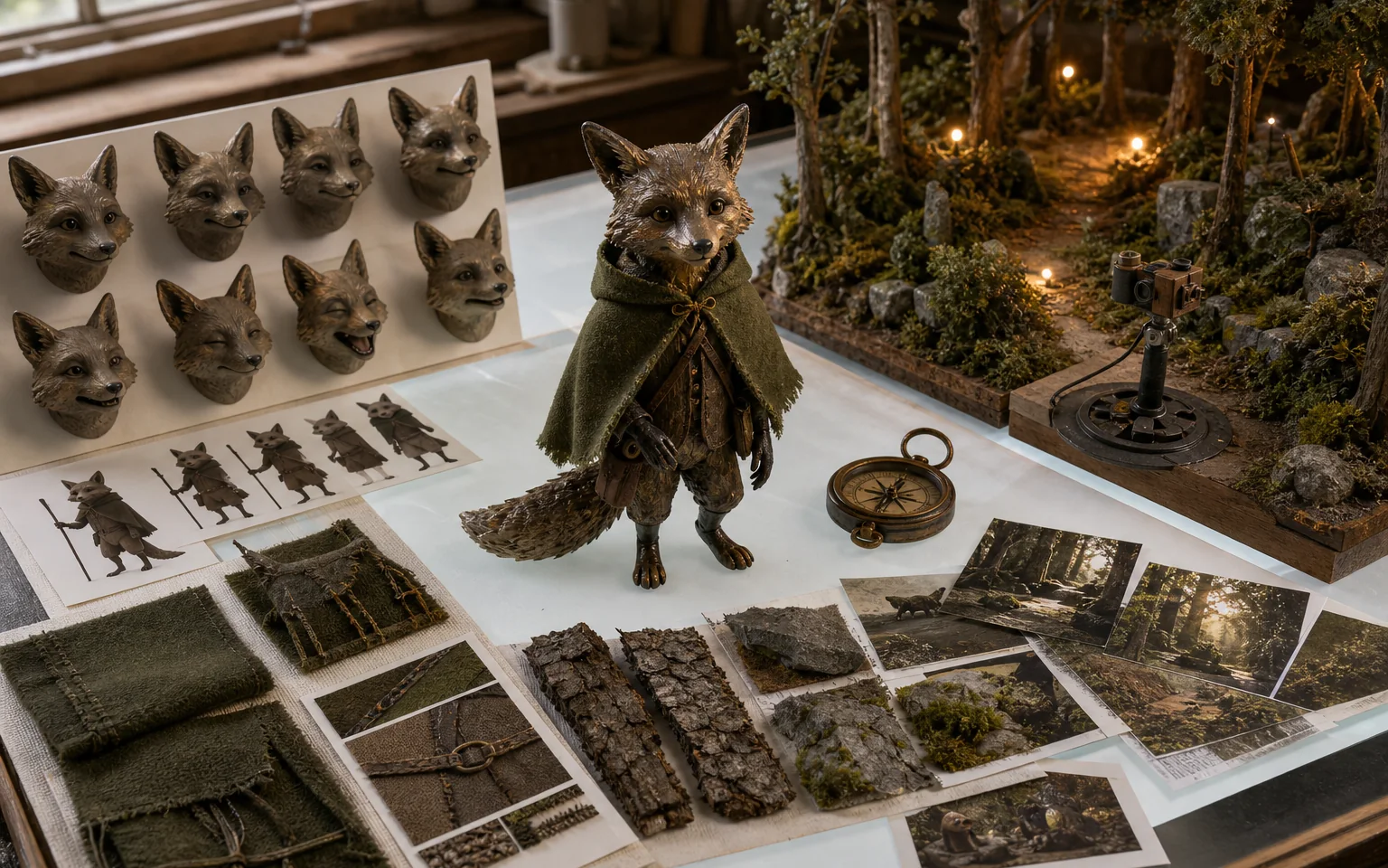 Bronze fox stop-motion puppet surrounded by expression maquettes, costume details, a forest miniature, and a compass prop.