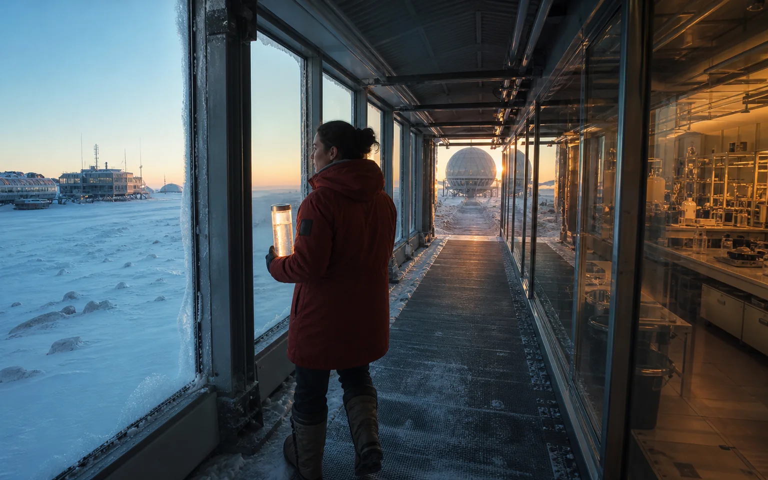 Polar scientist carrying a glowing ice core through a research-station corridor toward an observation dome.