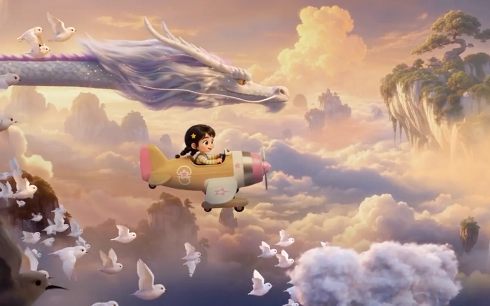 Animated girl flying a cream-and-pink toy plane beside a white dragon and flock of doves above pastel cloud mountains.