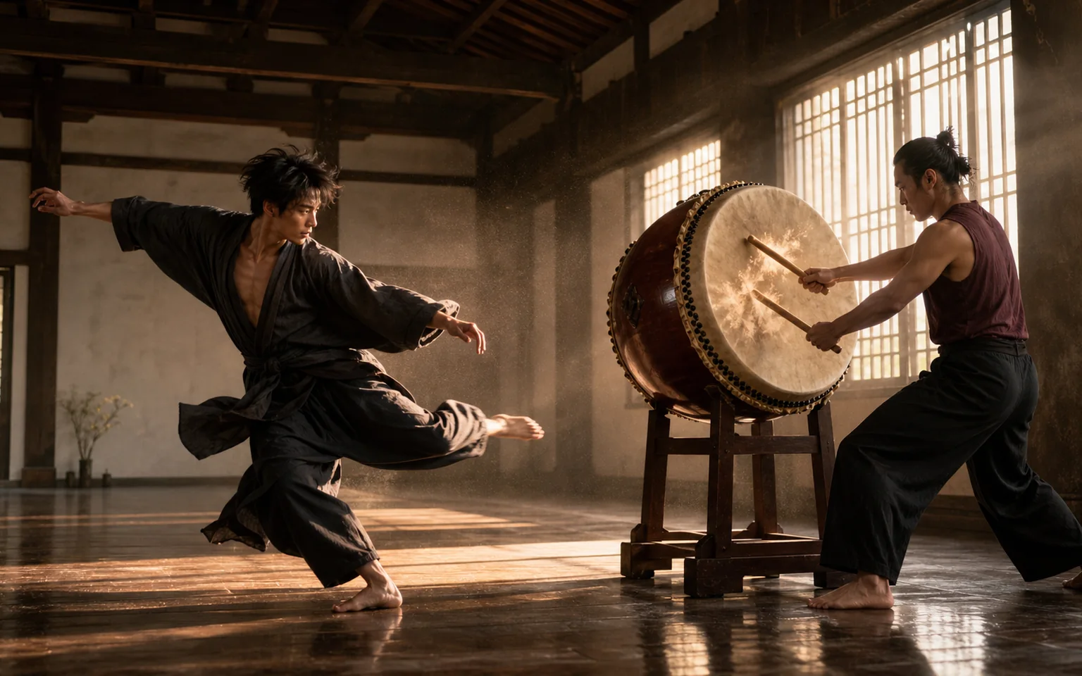 Contemporary dancer moving beside a taiko drummer in a sunlit rehearsal hall.