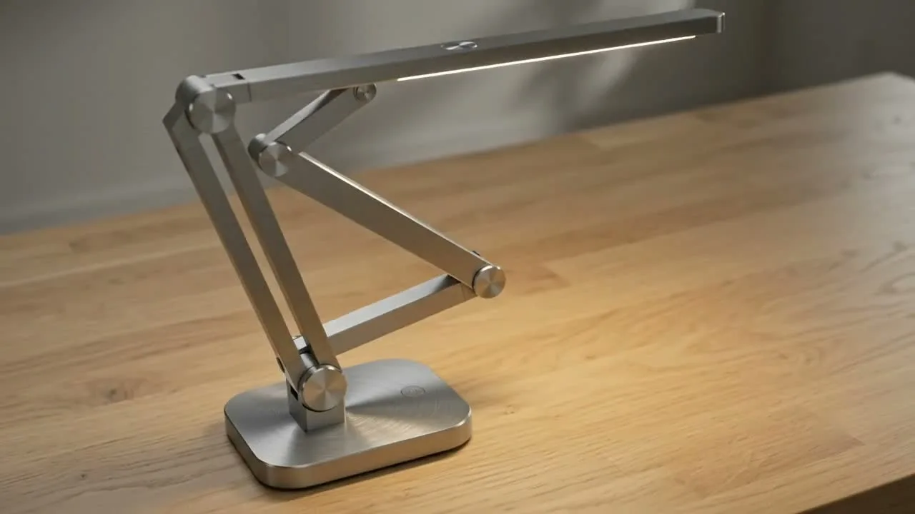 Product draft video still showing a modular desk lamp unfolding on a studio bench.