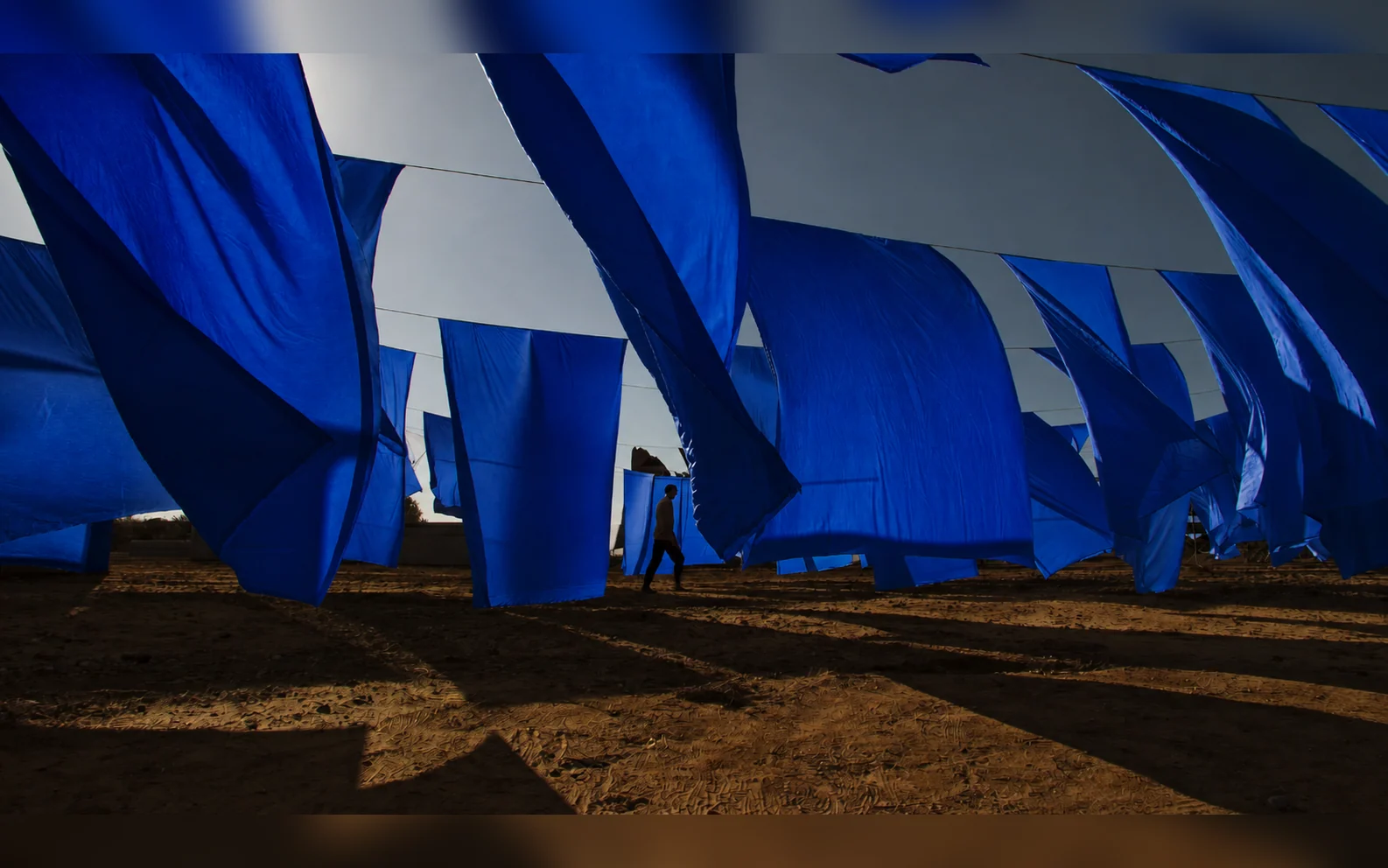 Outdoor fabric installation with every suspended panel changed to deep cobalt blue while the person, wind-shaped folds, translucency, ground, and warm shadows remain consistent.