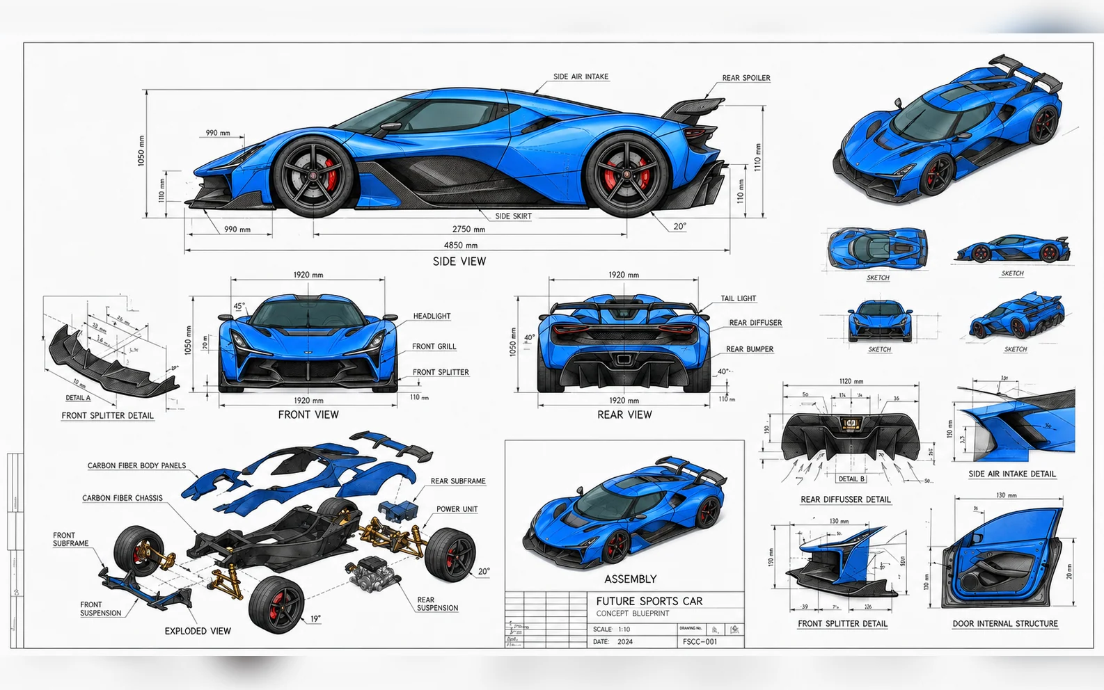 Full-color future sports car engineering blueprint with electric-blue body panels, black carbon-fiber aero parts, red brake calipers, gold suspension, measurements, and exploded views.