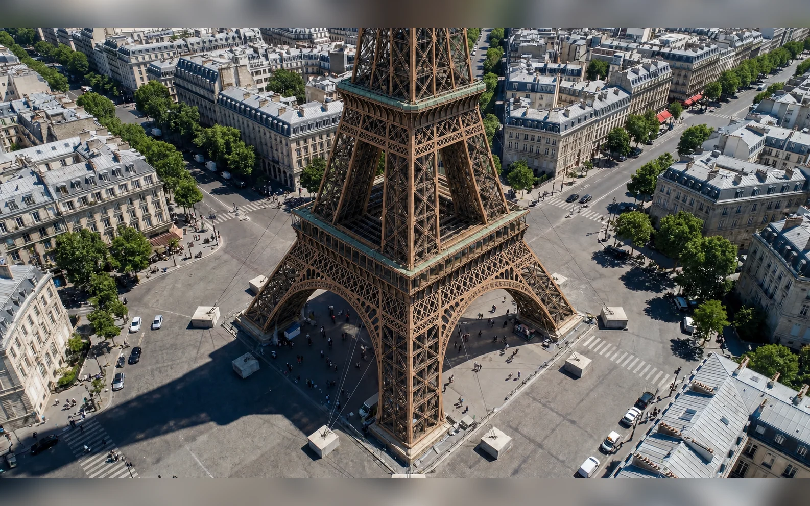 Aerial Paris photograph with the Eiffel Tower rebuilt as a warm riveted copper lattice with subtle turquoise oxidation while the surrounding city remains unchanged.
