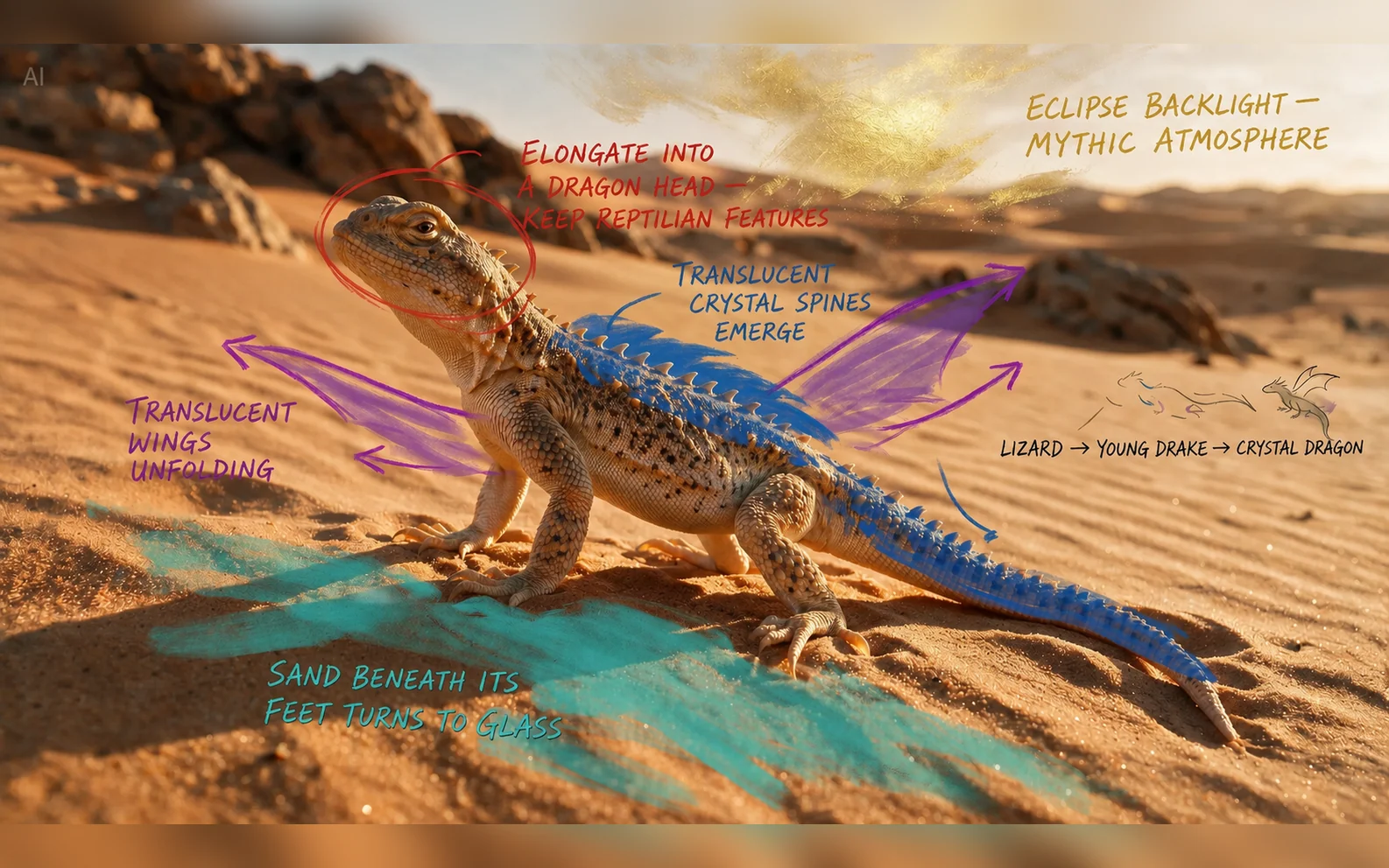 Desert lizard crystal-dragon concept with translucent purple wings, blue crystal spines, colored arrows, sketches, and six handwritten English design annotations.