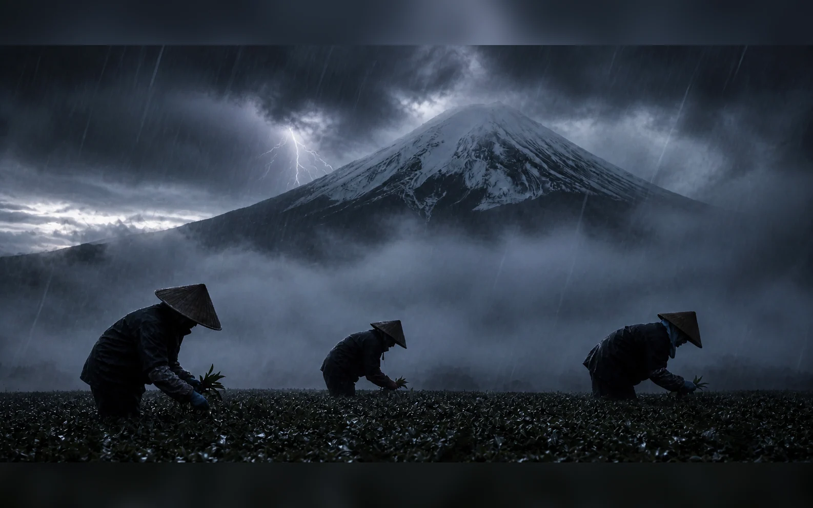 Three tea workers beneath Mount Fuji during a dark summer thunderstorm with heavy rain, wet reflective leaves, low mist, and distant lightning.