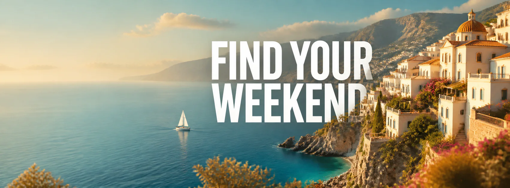 Wide Facebook cover banner with a Mediterranean coast, a sailboat, and the headline Find Your Weekend placed away from the profile area.