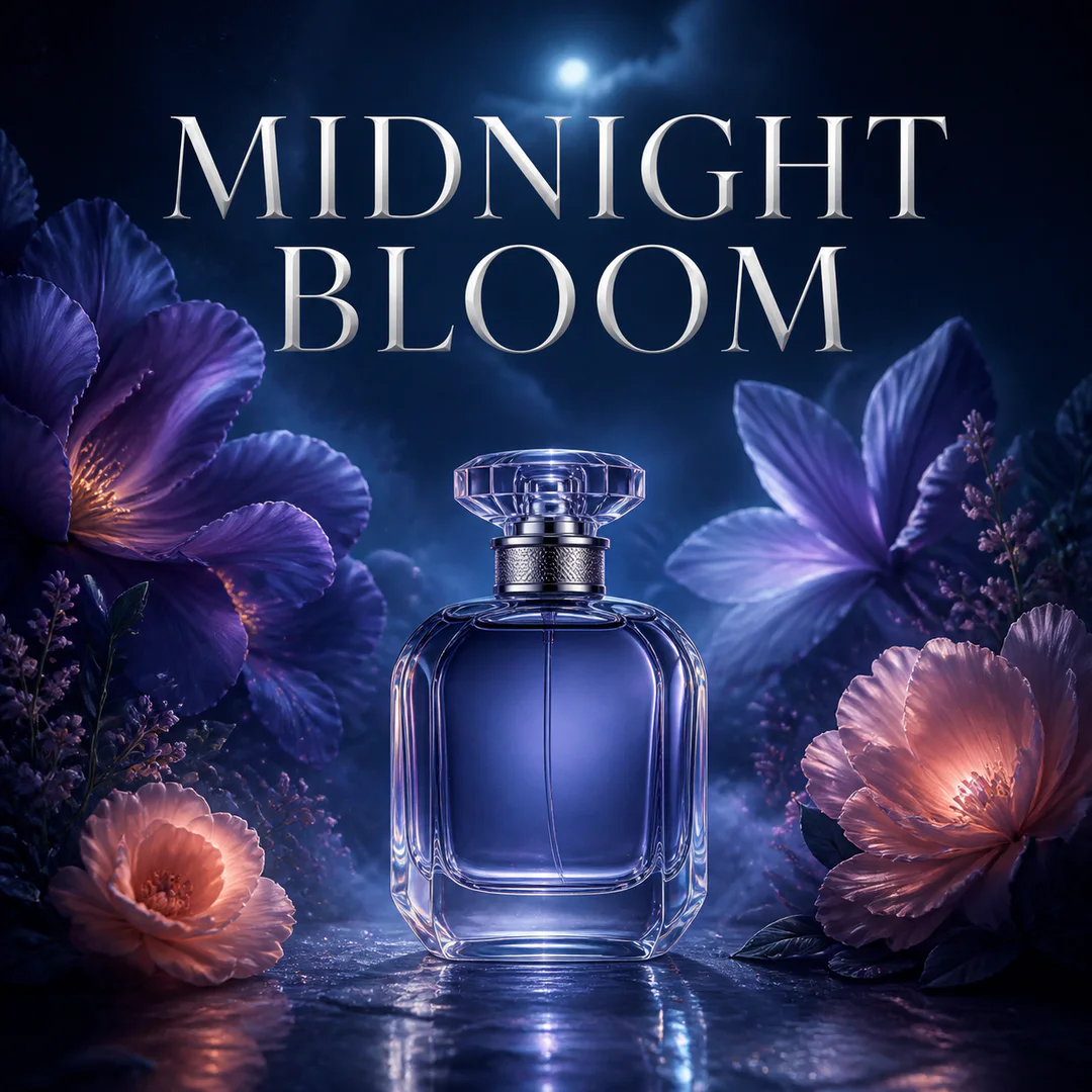 Square Instagram campaign banner with a midnight-blue perfume bottle, luminous flowers, and the headline Midnight Bloom.