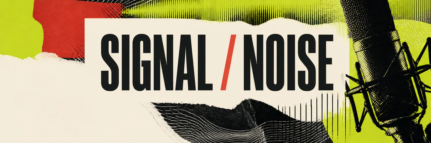 Ultra-wide X header for a fictional podcast with signal graphics, a microphone, and the headline Signal / Noise.