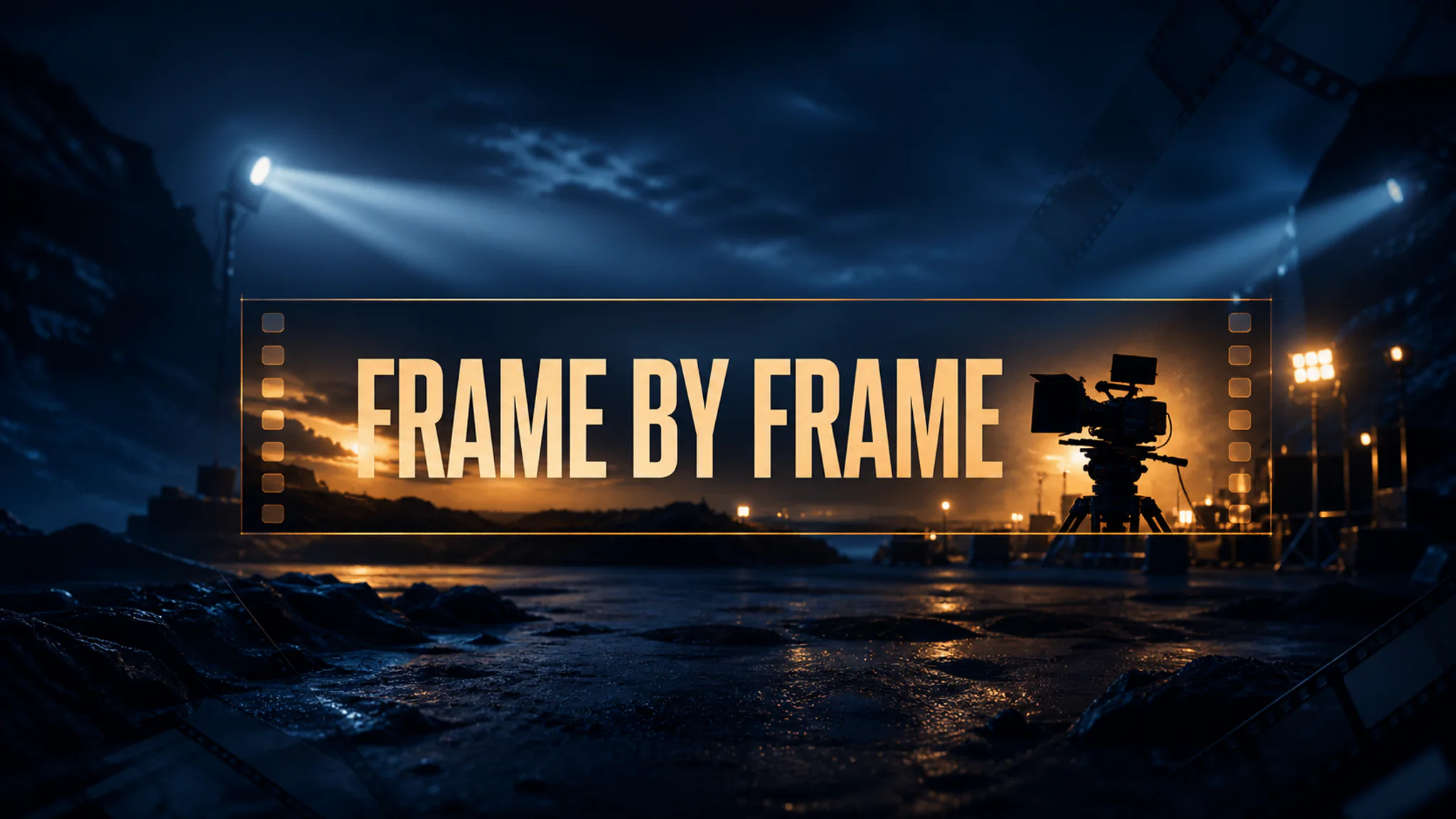 YouTube channel art with a cinematic film set and the headline Frame by Frame contained inside the central safe area.