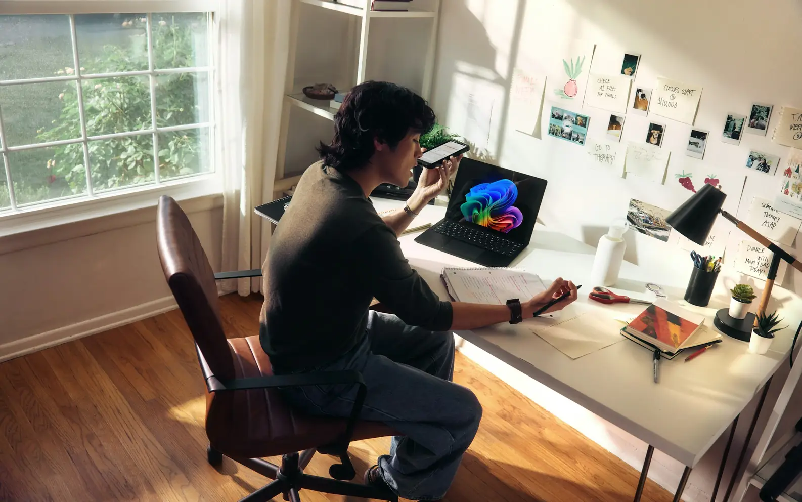 Before-and-after slider for a desk-side subject, showing improved foreground clarity after AI deblurring. overlay