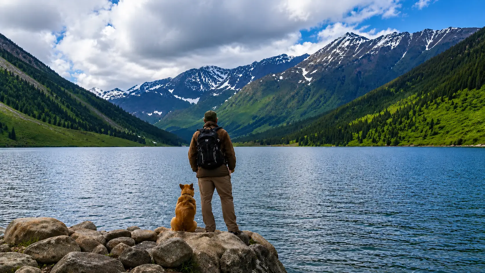 Before-and-after slider for a mountain lake scene, showing richer color and clearer landscape detail after enhancement. overlay