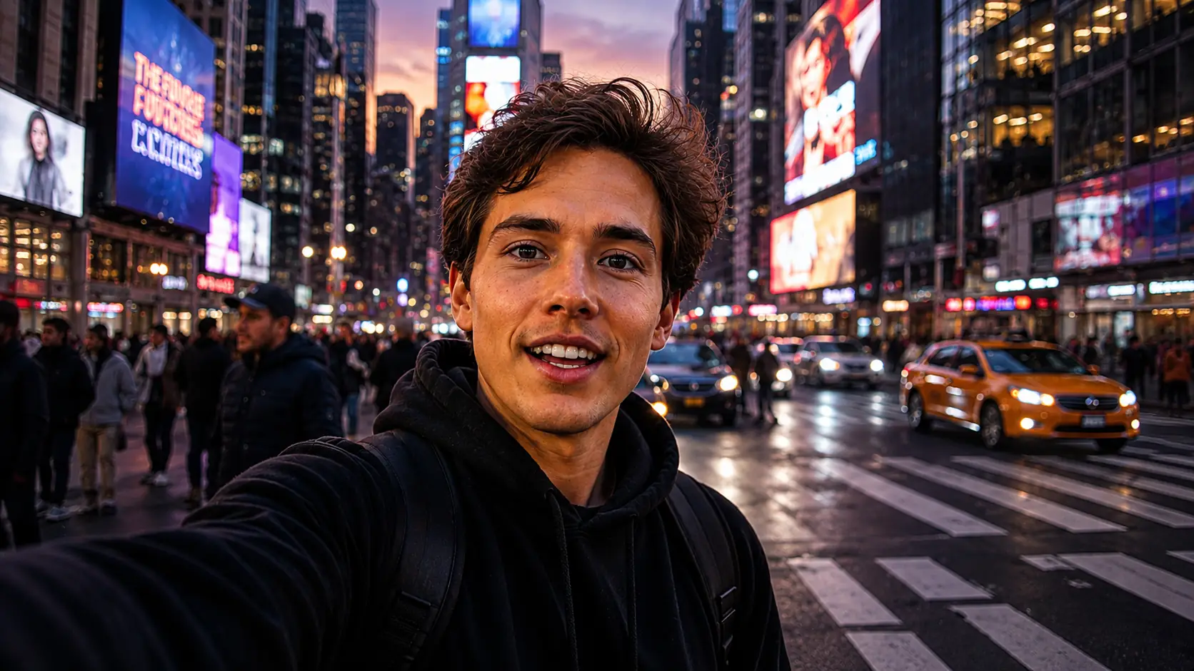 Before-and-after slider for a city selfie clip, showing a more detailed upscale with clearer lights and street detail. overlay