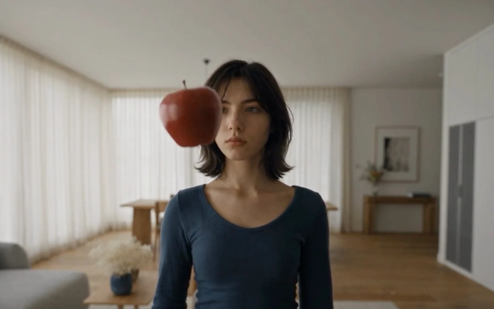Dark-haired woman watching a red apple hover beside her face in a softly lit modern living room.