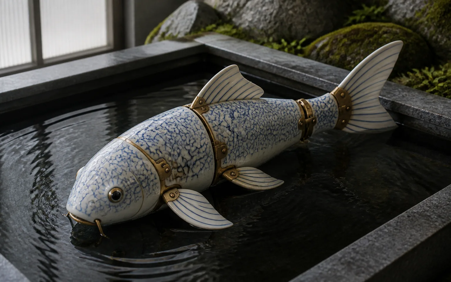 Blue crackle-glazed porcelain koi automaton with brass joints resting in a black-stone water basin.