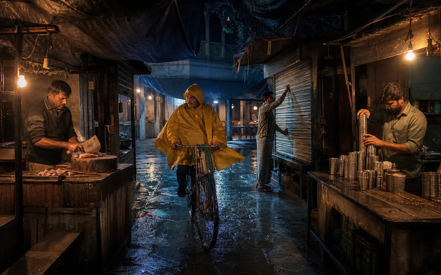 Bicycle courier passing market vendors making rhythmic sounds with wood, metal cups, and a rolling shutter in the rain.
