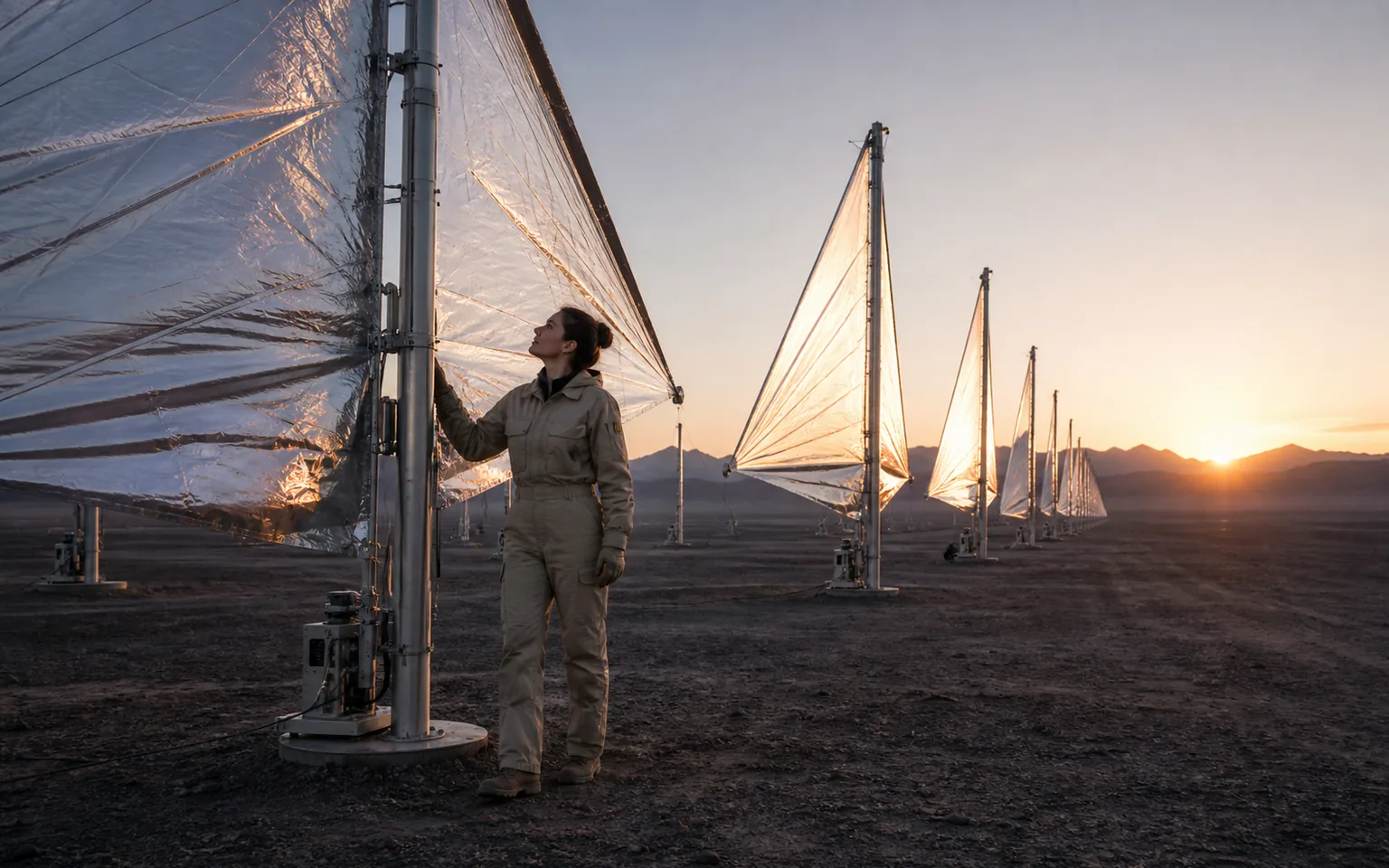 Technician walking between silver solar sails as they unfold across a desert research field at sunrise.