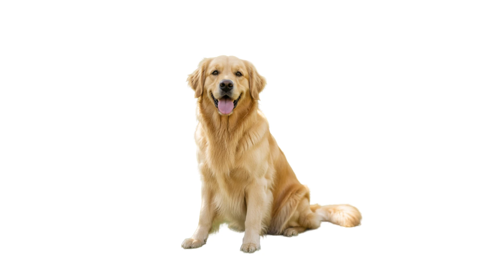 Before-and-after comparison of a golden retriever changed from a garden scene to a white background. overlay