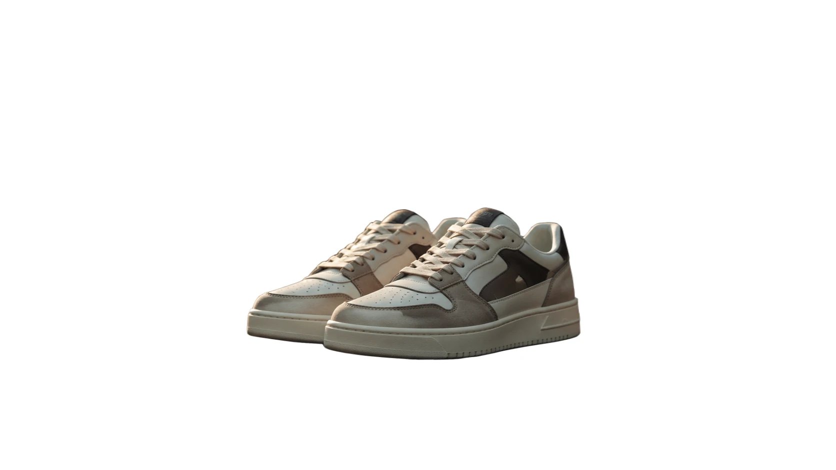 Before-and-after comparison of a pair of sneakers changed from a street scene to a white background. overlay