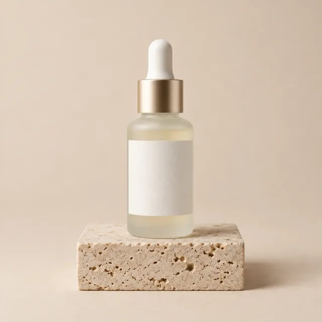 Glass dropper bottle of face serum on a stone plinth